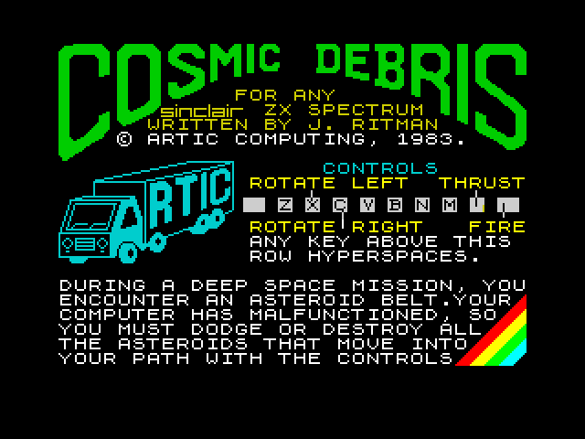 Cosmic Debris title screen for ZX Spectrum